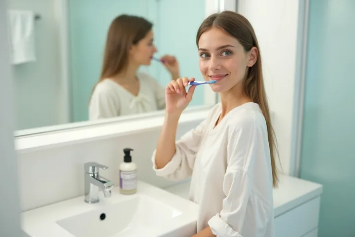 Mujer con cepillo y crema de dientes