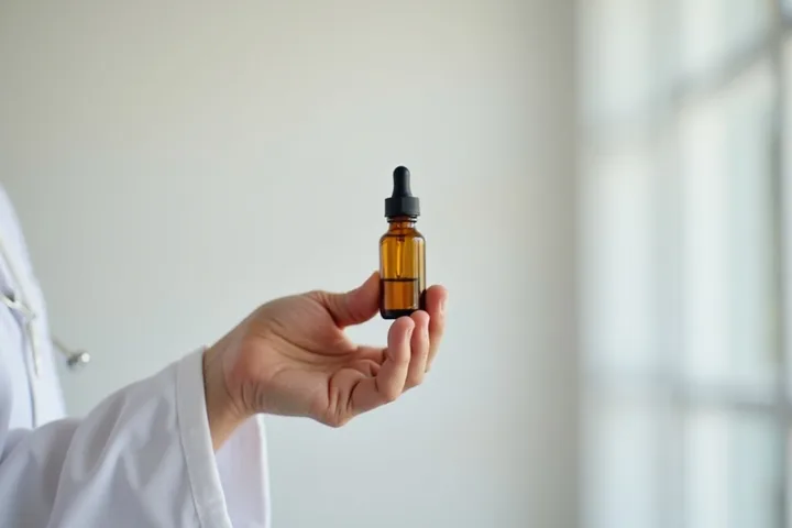 Médico sosteniendo bottella de aceite de cannabis