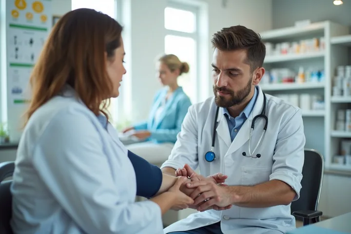 Joven médico midiendo la presión