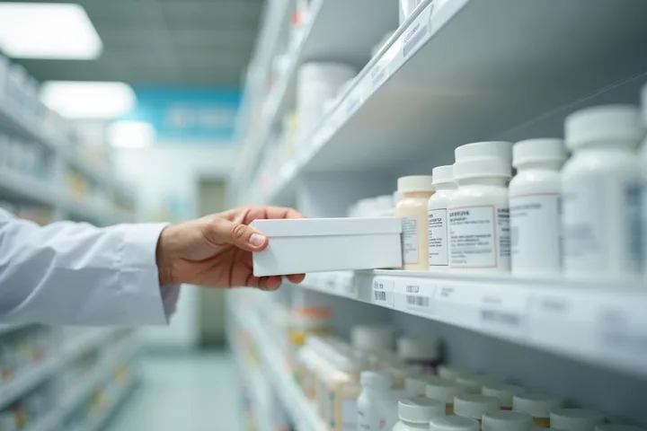Farmaceutico agarrando una caja de medicamentos